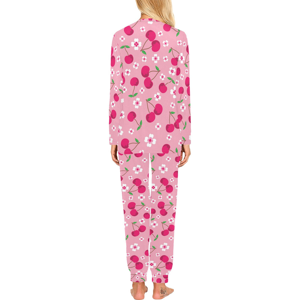 cherry flower pattern pink background Women's All Over Print Pajama Set