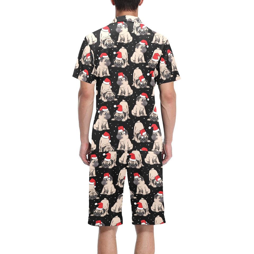 Christmas Pugs Santa_s red cap pattern Men's V-Neck Short Pajama Set