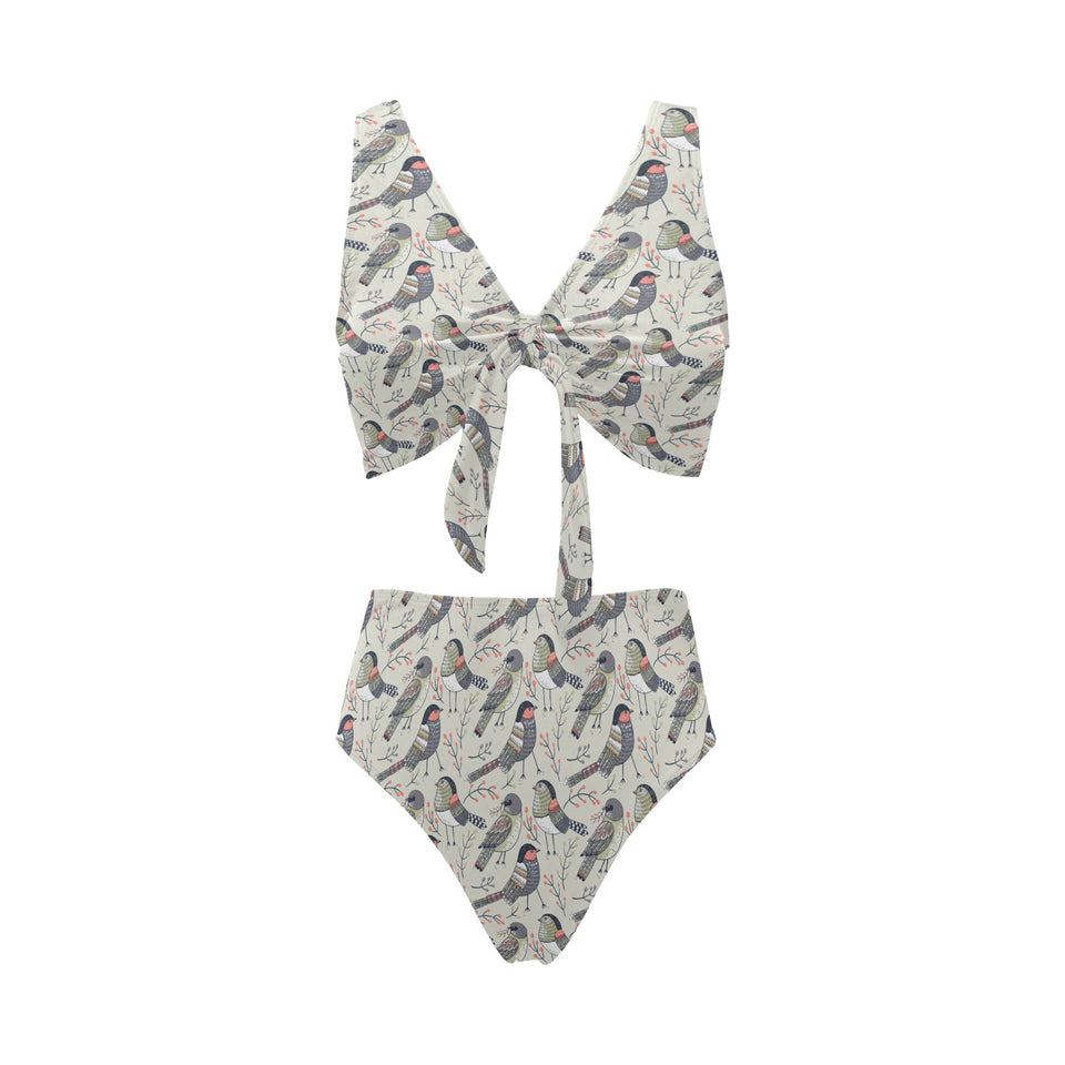 Pigeon Pattern Print Design 04 Chest Bowknot High Waisted Bikini Swimsuit