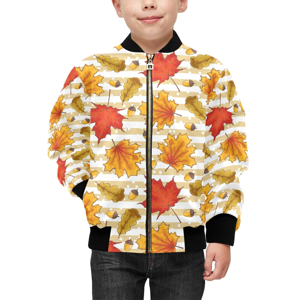 Maple leaf oak leaf acorns beige striped backgroun Kids' Boys' Girls' Bomber Jacket