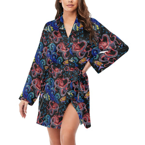 Octopus sea wave tropical fishe pattern Women's Long Sleeve Belted Night Robe