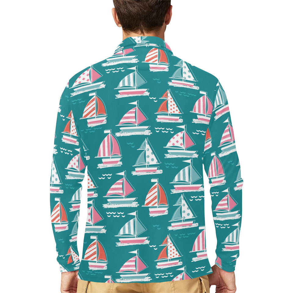 Cute sailboat pattern Men's Long Sleeve Polo Shirt