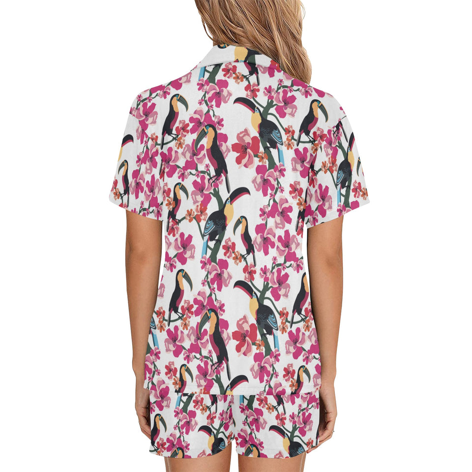 Toucan flower design pattern Women's V-Neck Short Pajama Set