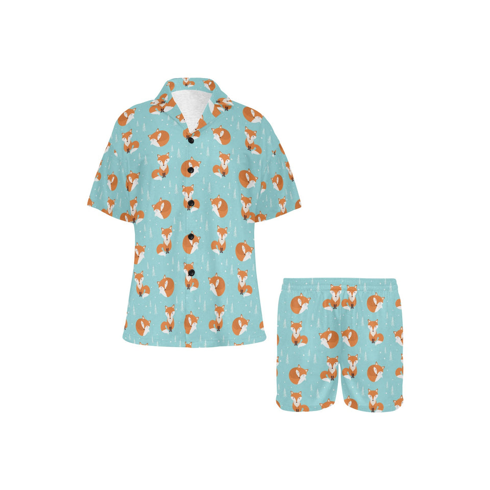Fox pattern blue b ackground Women's V-Neck Short Pajama Set