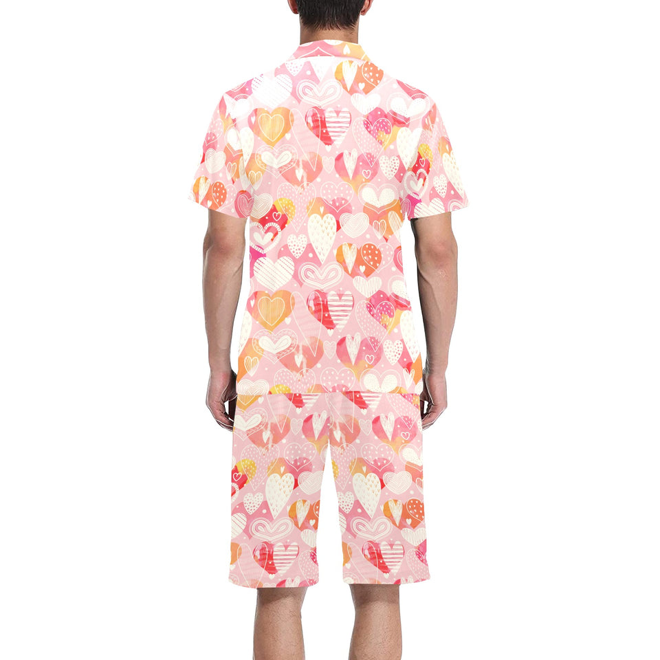 Hand drawn heart design pattern Men's V-Neck Short Pajama Set