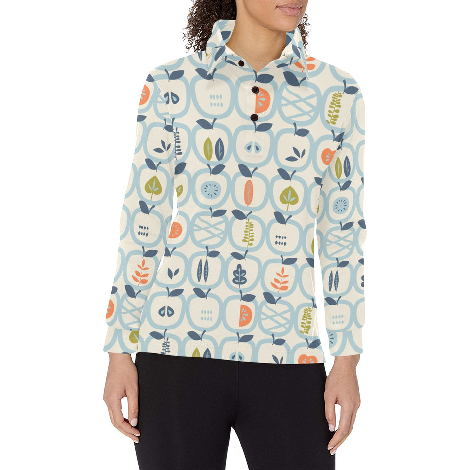 apples leaves pattern Women's Long Sleeve Polo Shirt