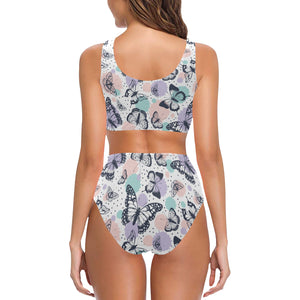 Butterfly pattern Chest Bowknot High Waisted Bikini Swimsuit
