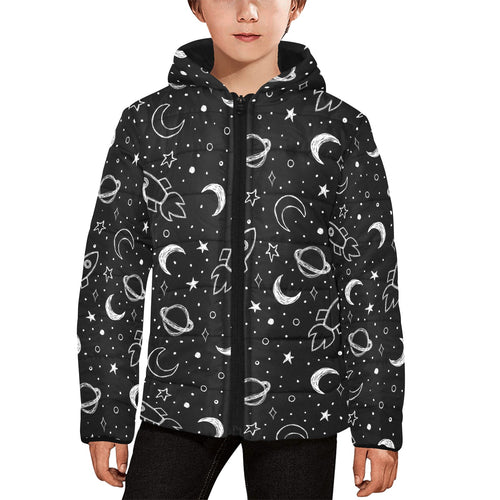 Hand drawn space rocket star planet Kids' Boys' Girls' Padded Hooded Jacket
