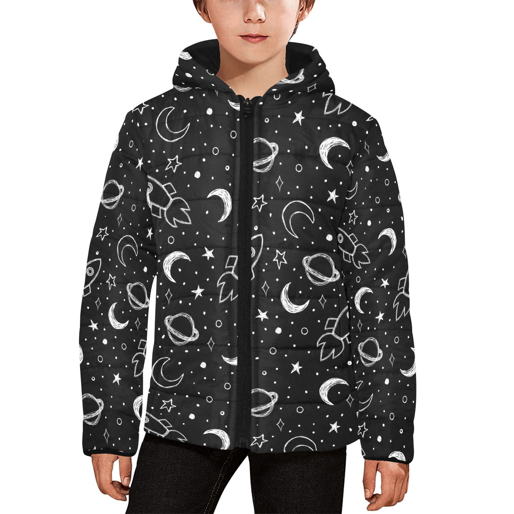 Hand drawn space rocket star planet Kids' Boys' Girls' Padded Hooded Jacket