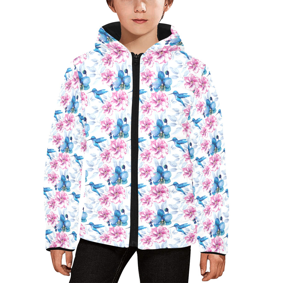 Hummingbird Pattern Print Design 02 Kids' Boys' Girls' Padded Hooded Jacket