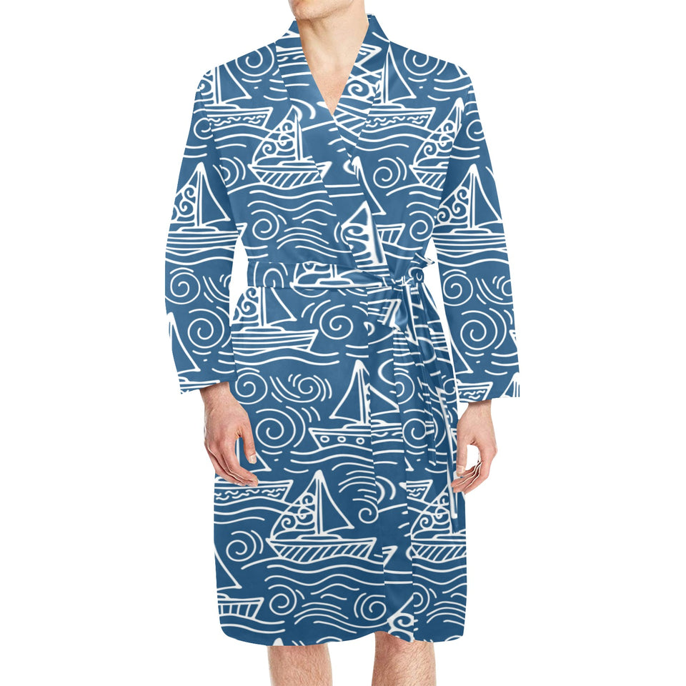 Hand drawn sailboat pattern Men's Long Sleeve Belted Night Robe