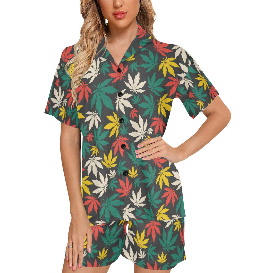 Canabis Marijuana Weed Pattern Print Design 02 Women's V-Neck Short Pajama Set