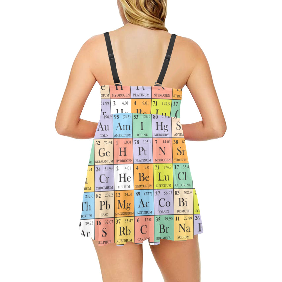 Chemistry Periodic Table Pattern Print Design 01 Chest Sexy Pleated Two Piece Swim Dress
