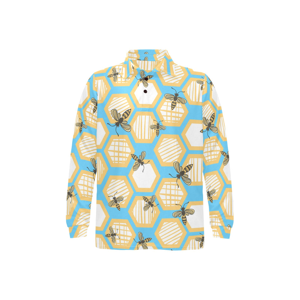 Bee honeycomb pattern Men's Long Sleeve Polo Shirt