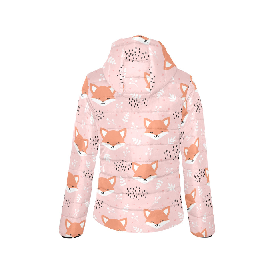 Cute fox pattern pink background Women's Padded Hooded Jacket