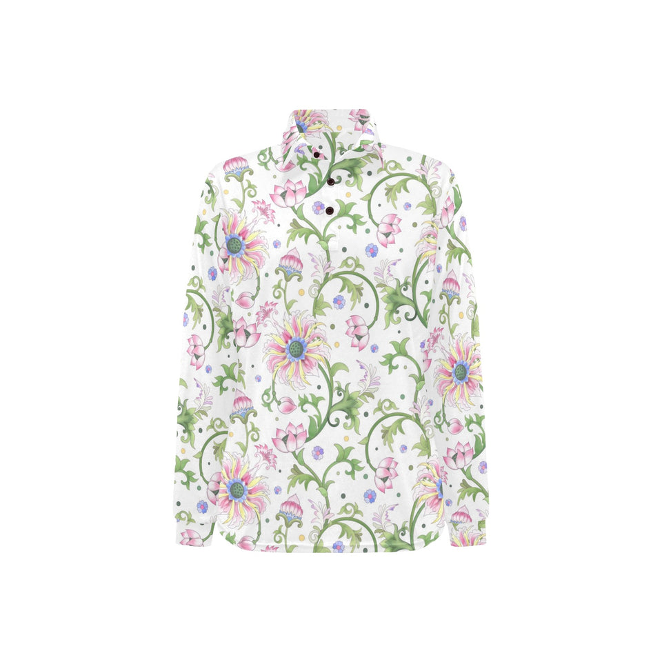 Beautiful pink lotus waterlily leaves pattern Women's Long Sleeve Polo Shirt