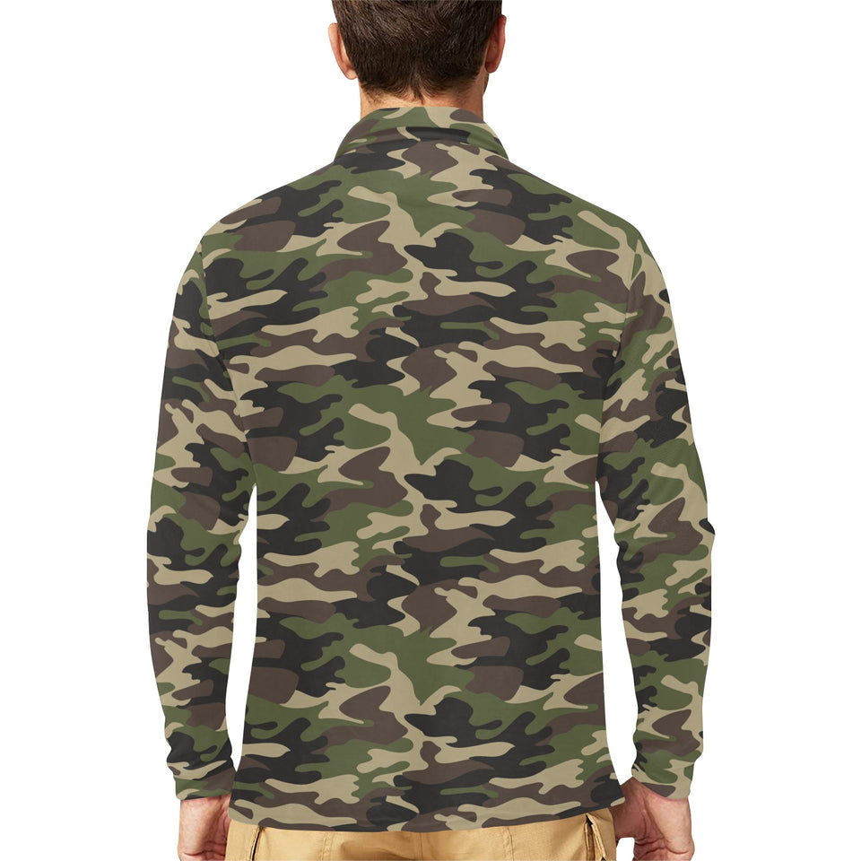 Dark Green camouflage pattern Men's Long Sleeve Polo Shirt