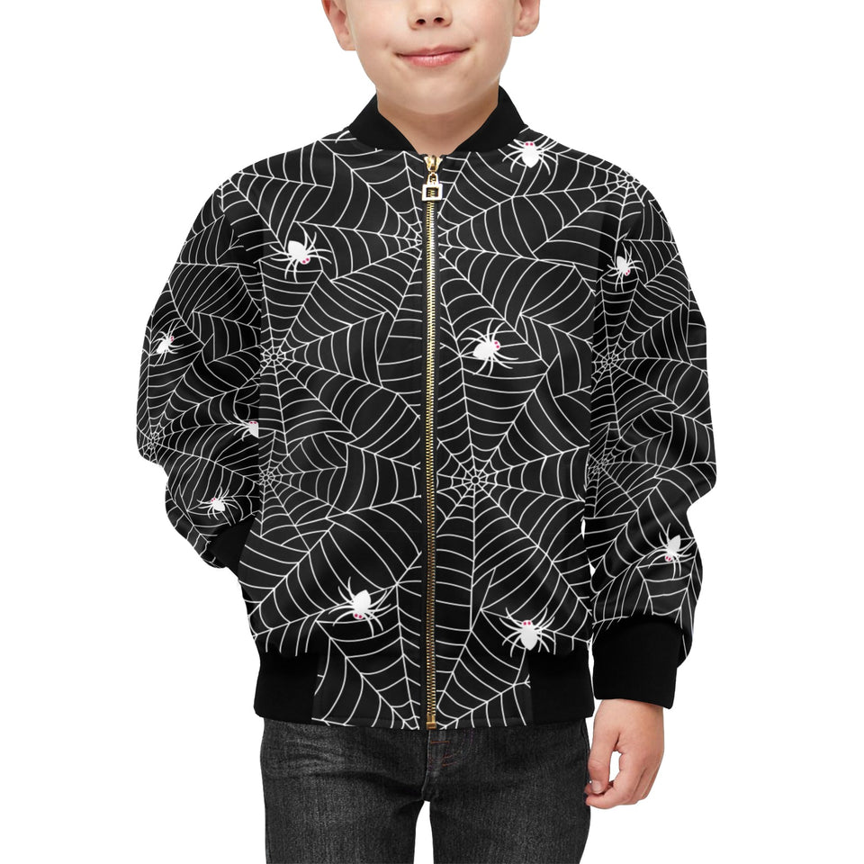 Spider web design pattern Black background white c Kids' Boys' Girls' Bomber Jacket