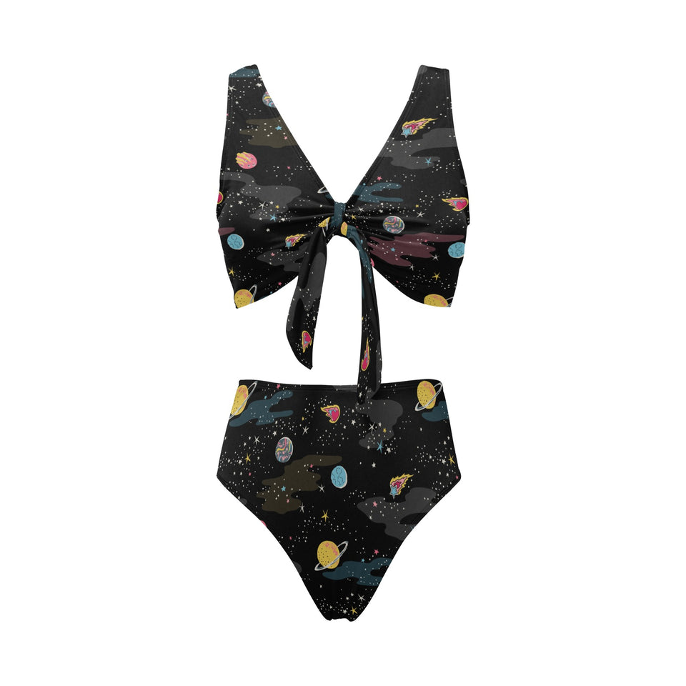 space pattern Chest Bowknot High Waisted Bikini Swimsuit