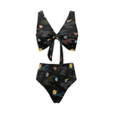 space pattern Chest Bowknot High Waisted Bikini Swimsuit