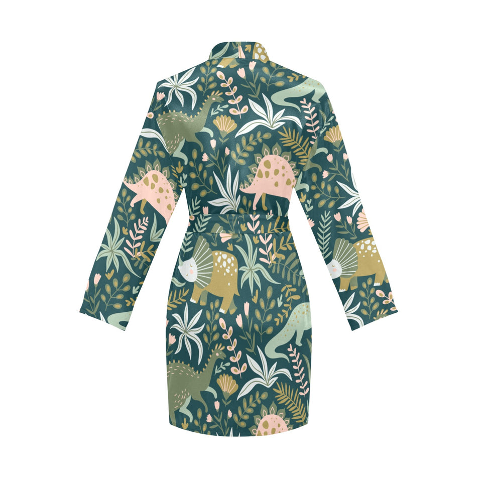 dinosaurs tropical leaves flower pattern Women's Long Sleeve Belted Night Robe