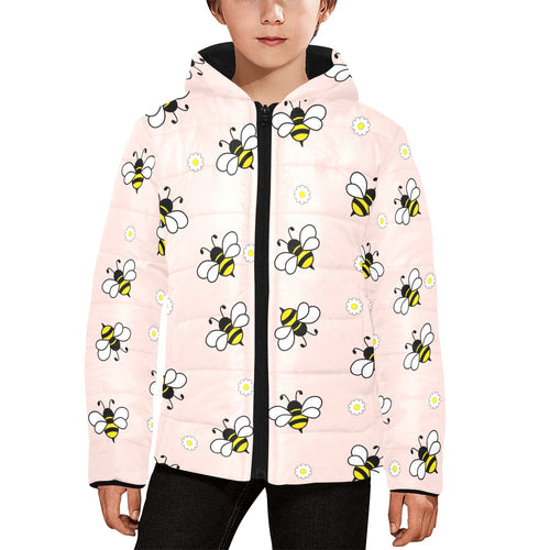 Cute bee flower pattern pink background Kids' Boys' Girls' Padded Hooded Jacket