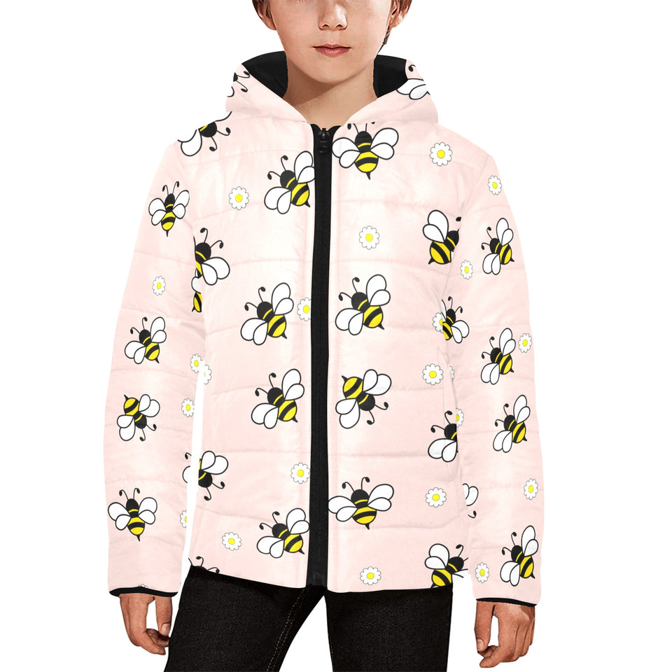 Cute bee flower pattern pink background Kids' Boys' Girls' Padded Hooded Jacket