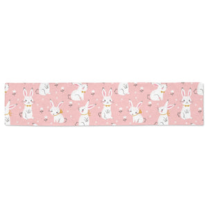 Cute white rabbit flower pink background Table Runner