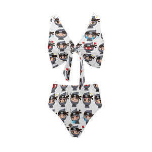 Cute ninja design pattern Chest Bowknot High Waisted Bikini Swimsuit