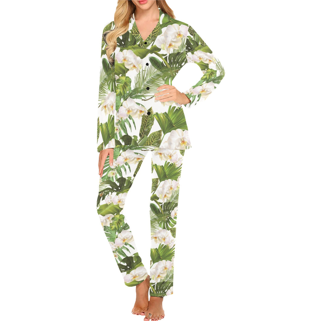 White orchid flower tropical leaves pattern Women's Long Pajama Set