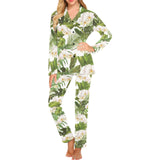 White orchid flower tropical leaves pattern Women's Long Pajama Set