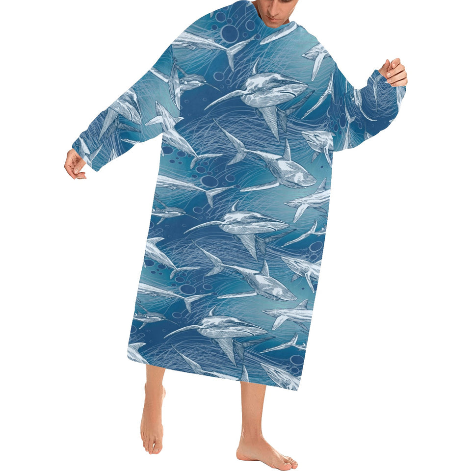 Shark hand drawn Blanket Robe with Sleeves