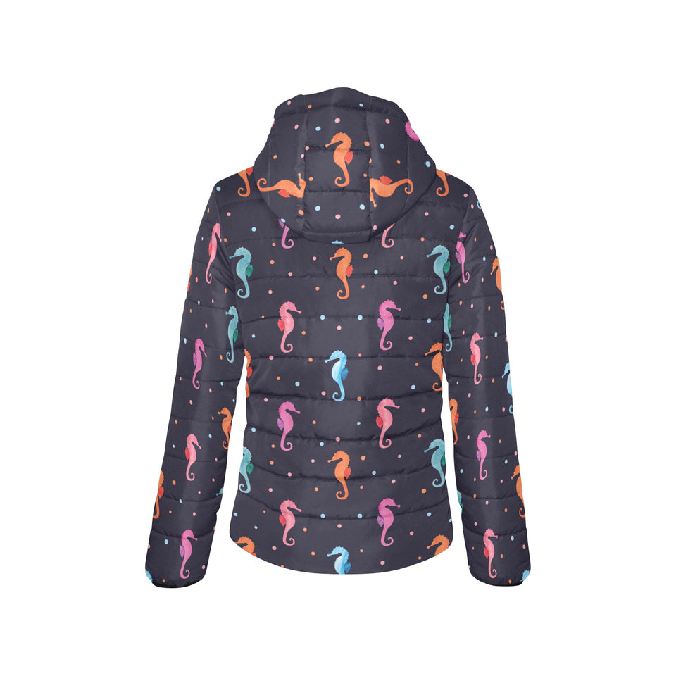 Watercolor colorful seahorse pattern Women's Padded Hooded Jacket