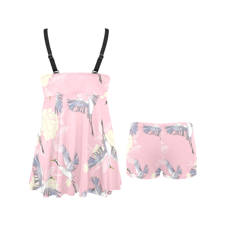 Japanese crane rose pattern Chest Sexy Pleated Two Piece Swim Dress