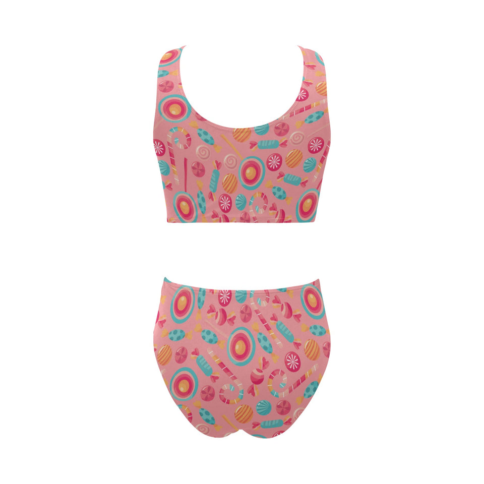 Colorful candy pattern Chest Bowknot High Waisted Bikini Swimsuit