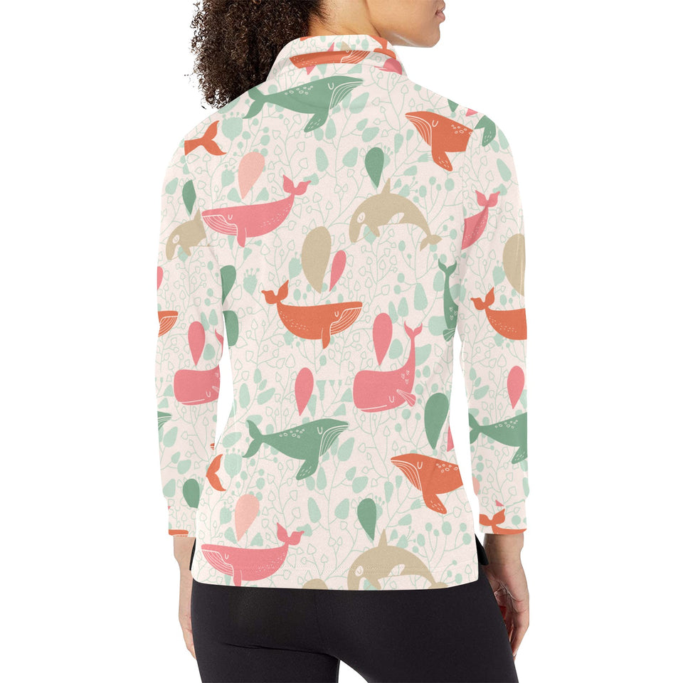 Cute whale pattern Women's Long Sleeve Polo Shirt