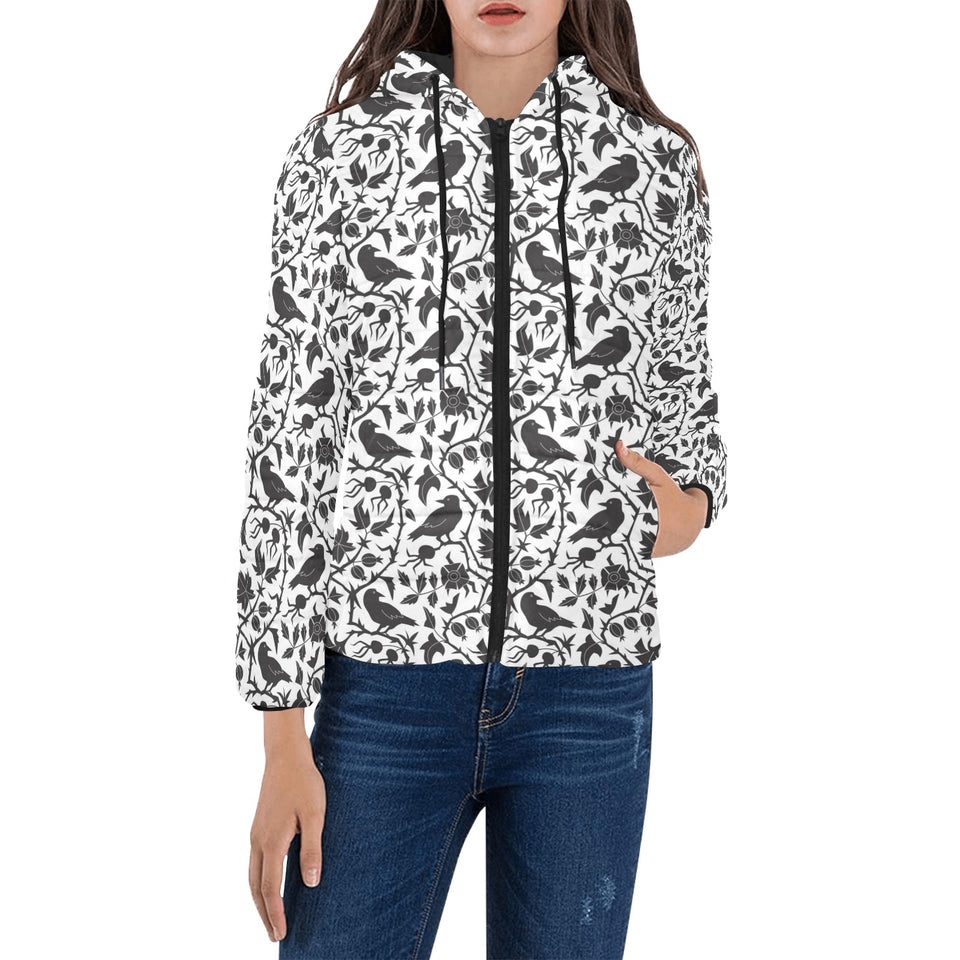 Crow dark floral pattern Women's Padded Hooded Jacket