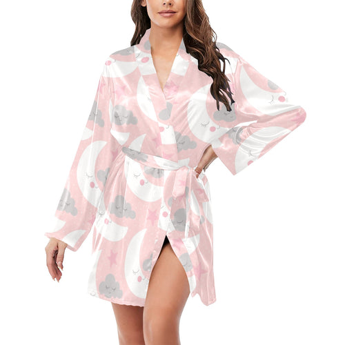 Cute moon cloud star pattern pink dot background Women's Long Sleeve Belted Night Robe