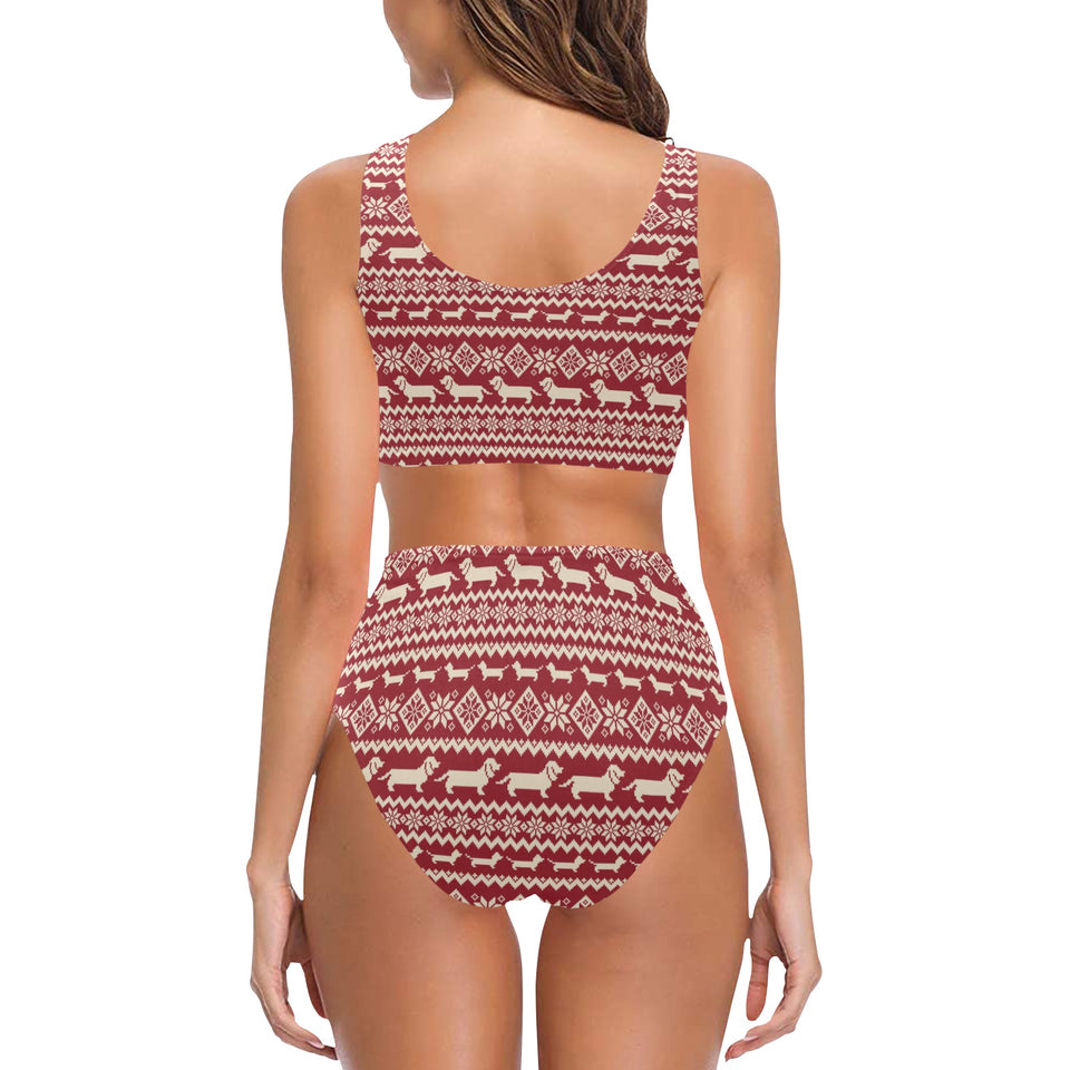 Dachshund Nordic pattern Chest Bowknot High Waisted Bikini Swimsuit
