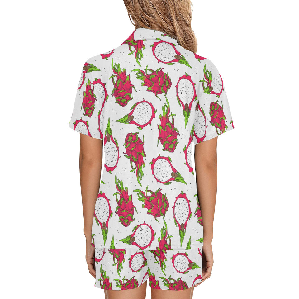 dragon fruits white background Women's V-Neck Short Pajama Set