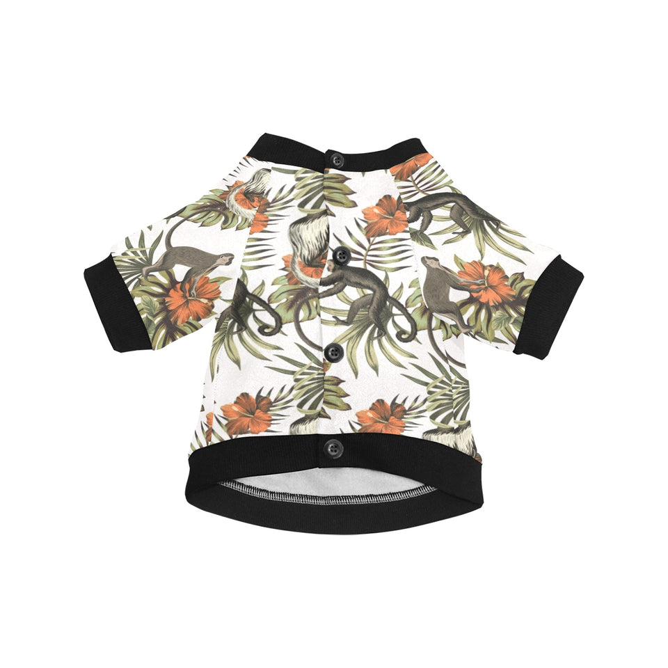 Monkey red hibiscus flower palm leaves floral patt All Over Print Pet Dog Round Neck Fuzzy Shirt