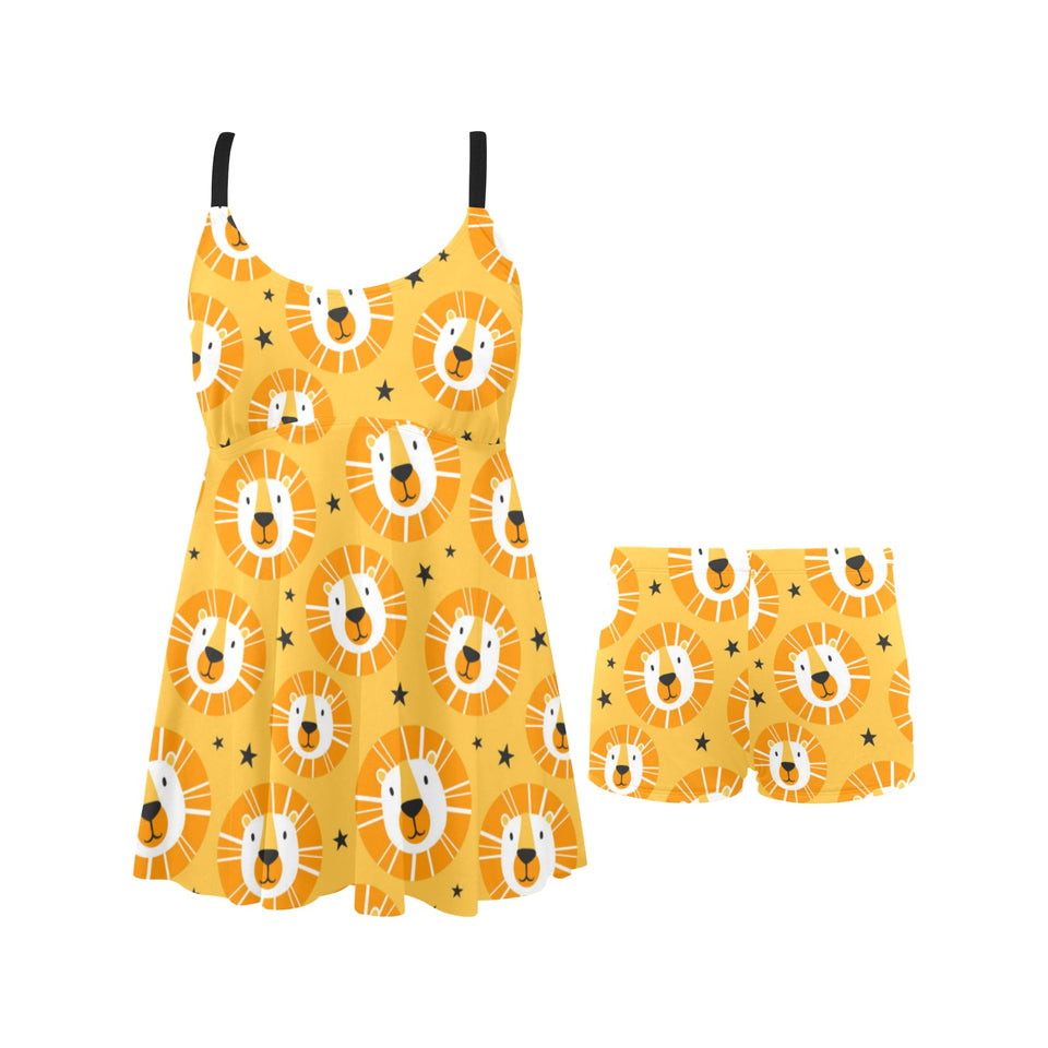 Lion Pattern Print Design 03 Chest Sexy Pleated Two Piece Swim Dress