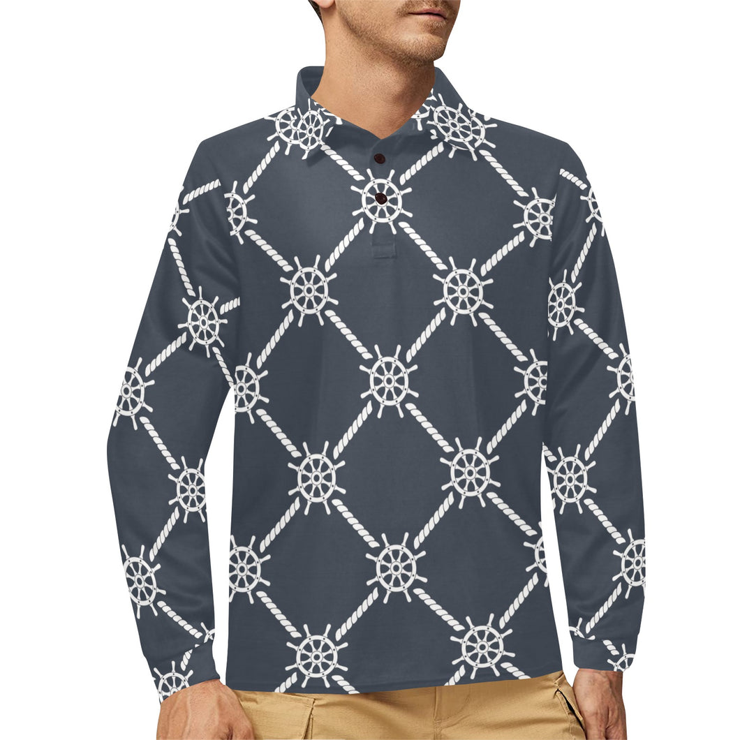 nautical steering wheel rope pattern Men's Long Sleeve Polo Shirt