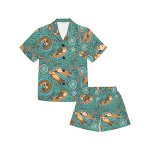 cute brown sea otters ornamental seaweed corals gr Kids' Boys' Girls' V-Neck Short Pajama Set