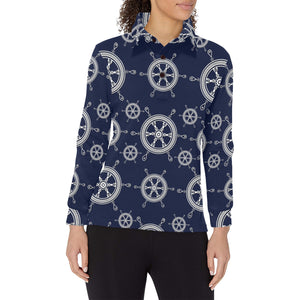 nautical steering wheel design pattern Women's Long Sleeve Polo Shirt