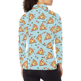 Hand drawn pizza blue background Women's Long Sleeve Polo Shirt