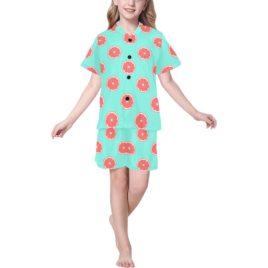 Grapefruit green background Kids' Boys' Girls' V-Neck Short Pajama Set