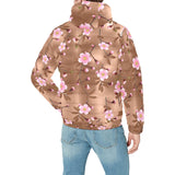 Pink sakura cherry blossom drak brown background Men's Padded Hooded Jacket