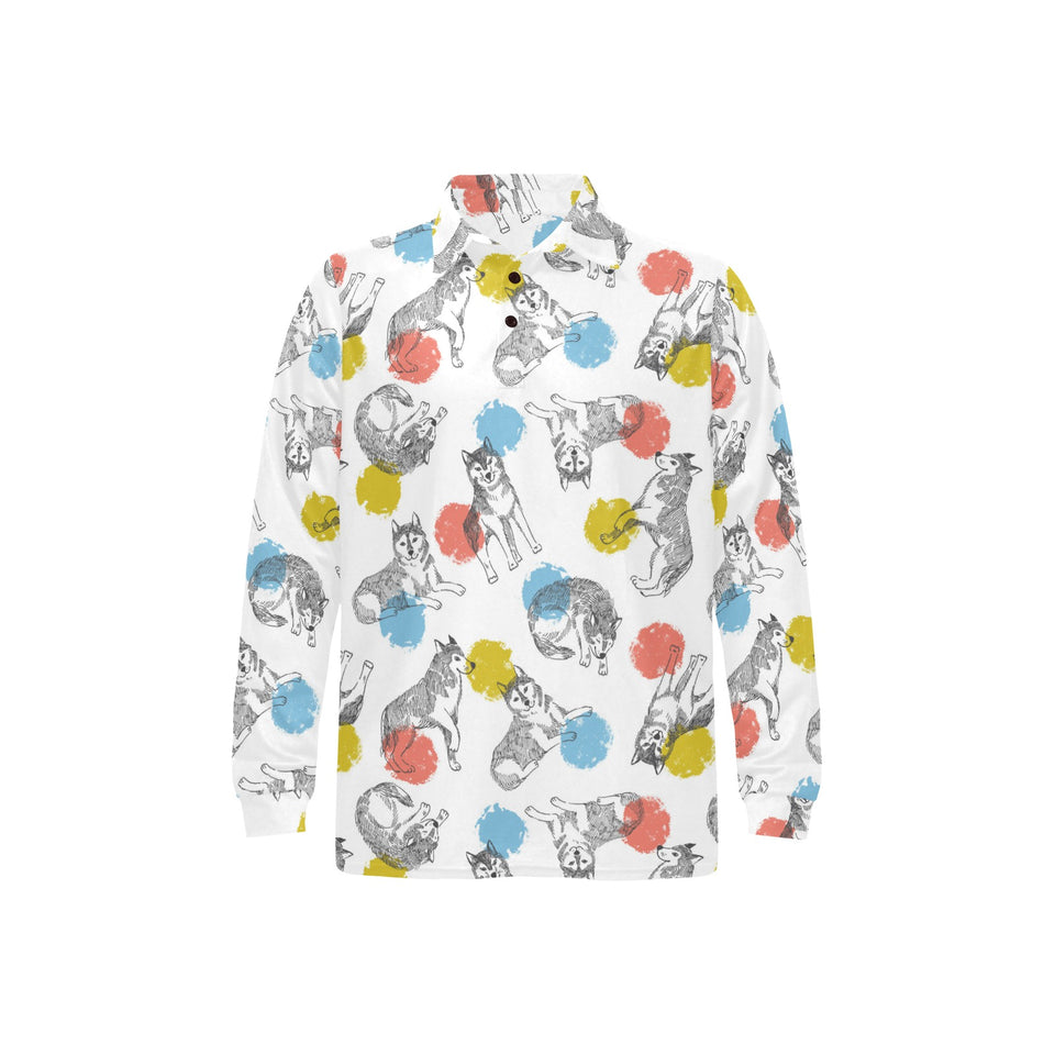 Siberian husky and colorful circle pattern Men's Long Sleeve Polo Shirt