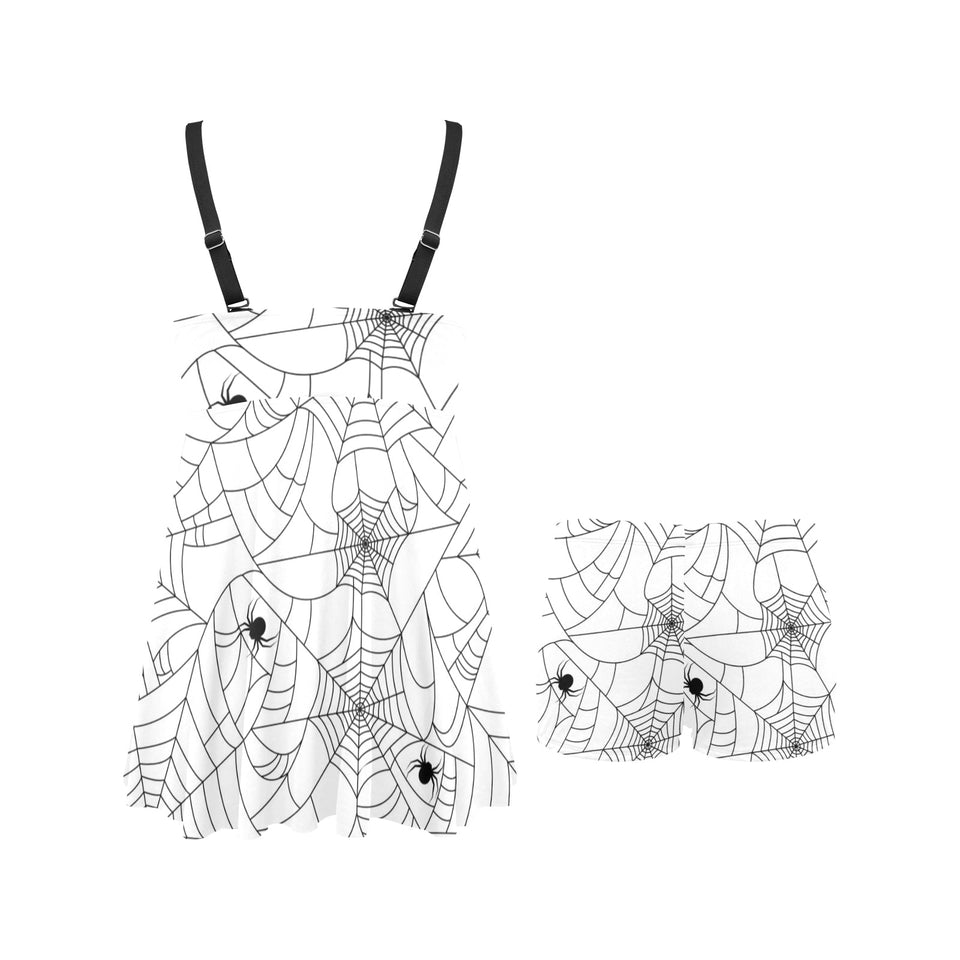 Spider web cobweb pattern white background Chest Sexy Pleated Two Piece Swim Dress